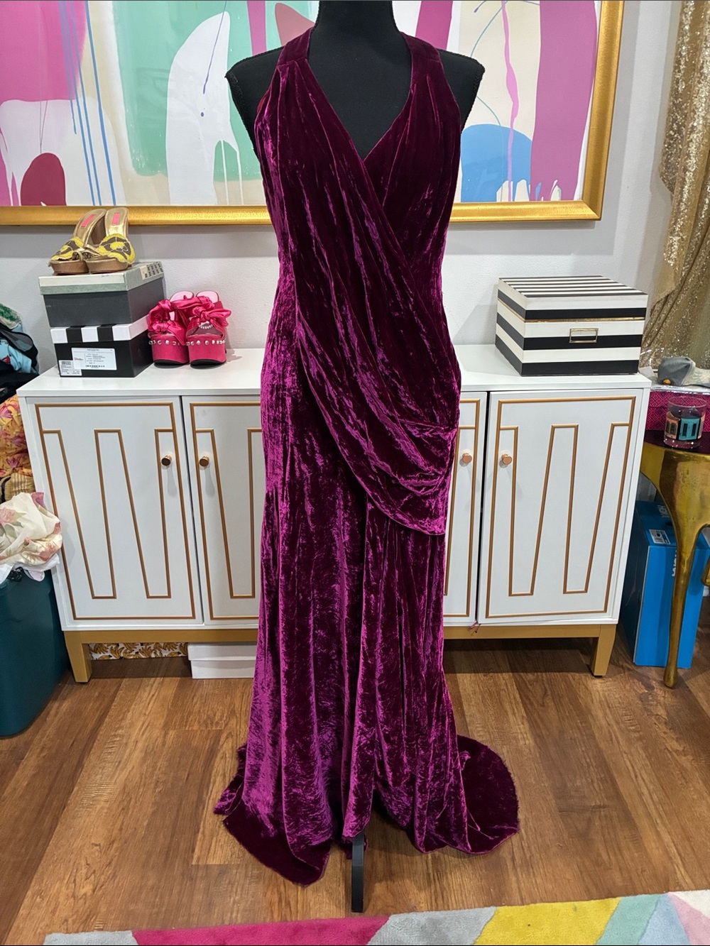Velvet Draped Halter Evening Gown - Deep Plum/Burgundy